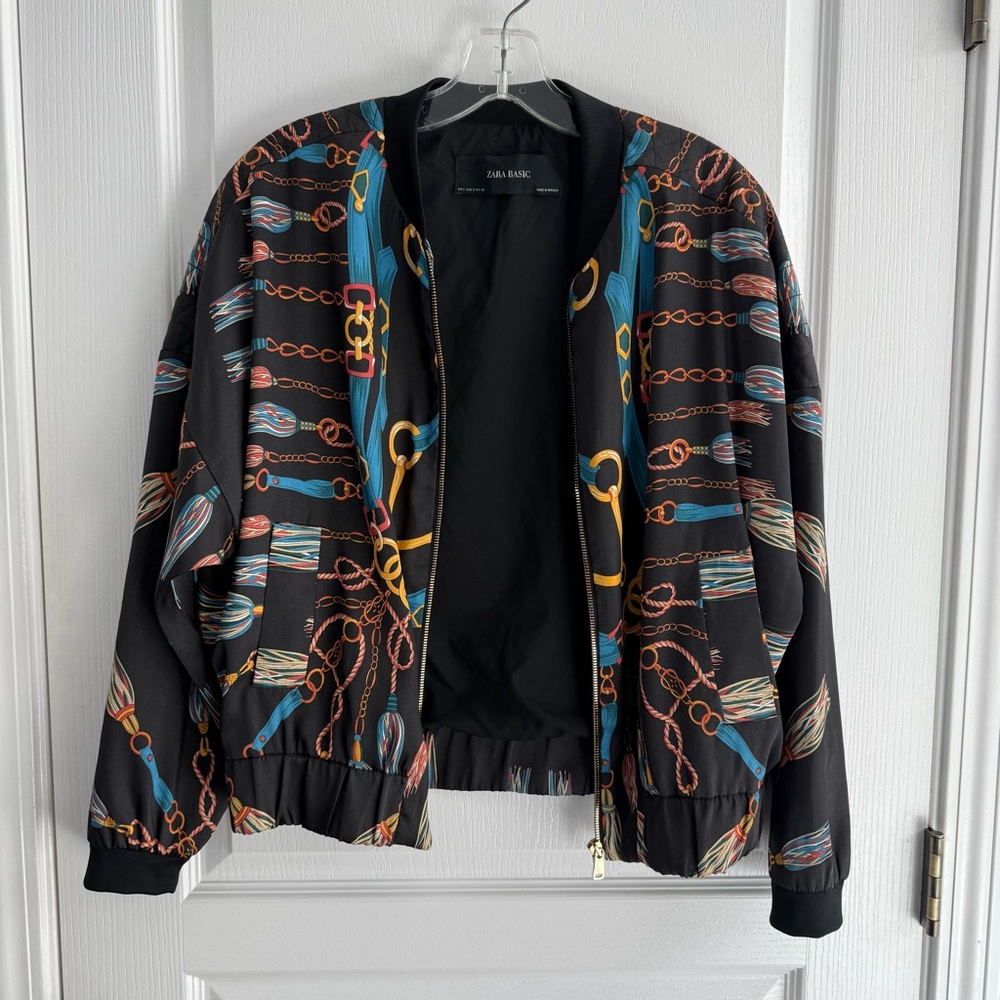 Zara Women's Bomber Jacket Black Satin Chain Baroque Print Size Small